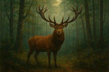 A majestic red deer stands in the heart of a mystical forest, its antlers reaching towards the sunlit sky, embodying the spirit of nature's grandeur