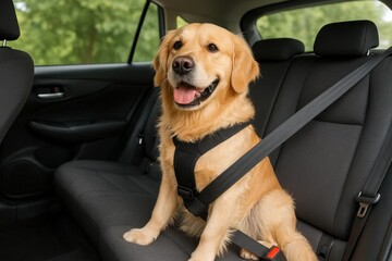 A Golden Retriever Awaits Its Next Adventure in the Car Seat