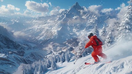 A skier in a red outfit navigates a snowy mountain slope, surrounded by breathtaking peaks and a clear blue sky.