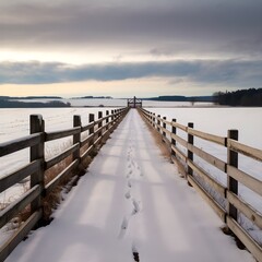 The text describes a snowy path between wooden fences in a winter field.