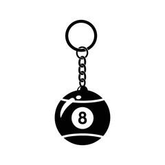 Illustration of a black eight ball keychain with a ring and chain link