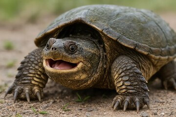 Naklejka premium A moment of joy captured as a turtle smiles with its mouth open, showcasing its unique features in a natural setting