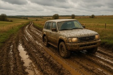 A lone SUV braves muddy trails under a cloudy sky, showcasing its resilience in challenging terrains