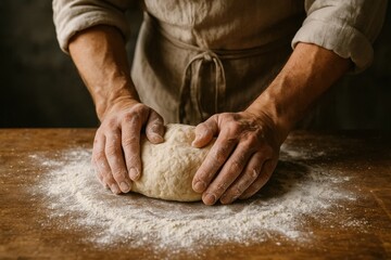 A Baker's Handcrafts Dough on a Wooden Table