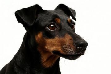 A black and tan dog gazes into the distance with a calm and curious expression