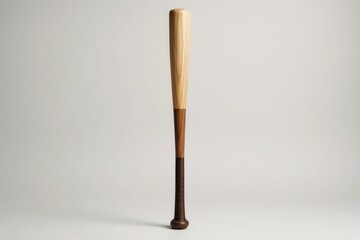 A classic wooden baseball bat stands tall against a neutral gray backdrop, highlighting its timeless design