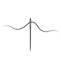 A simple line drawing of a needle with thread passing through the eyelet