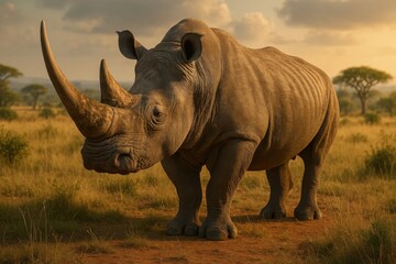 Fototapeta premium A lone rhinoceros stands majestically in a golden savanna at sunset, its silhouette etched against the vibrant sky