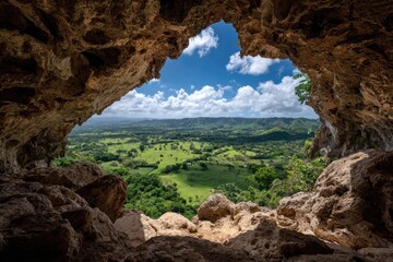 Cave opening reveals a panoramic view of a verdant valley under a bright, partly cloudy sky
