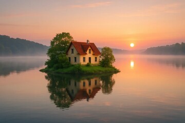 Fototapeta premium A solitary house stands as a beacon of tranquility amidst the misty waters, bathed in the warm glow of dawn