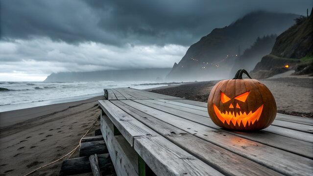 A carved glowing halloween pumpkin on a wooden walkway at a stormy beach - Powered by Adobe