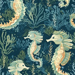 Obraz premium Repeating Seahorse Pattern on Dark Ocean Blue Background with Seaweed