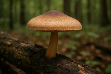 Fototapeta premium A lone mushroom stands in the heart of a forest, its cap casting a soft shadow on the moss-covered log beneath it