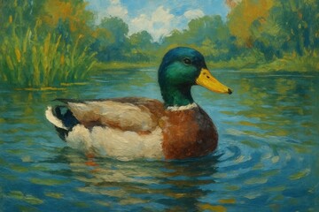 Obraz premium A mallard duck glides peacefully on a tranquil lake, surrounded by the vibrant hues of autumn foliage