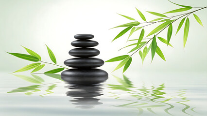 Naklejka premium Zen stones and bamboo plants are used for relaxation and balance in a spa setting