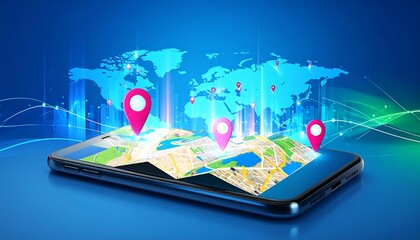Smartphone displaying a map with pink location pins, overlaid on a world map with light streaks