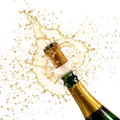 Close-up Champagne Bottle Explosion, Isolated on White or Transparent Background