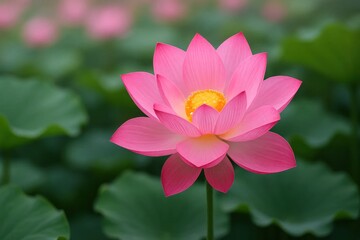 A solitary pink lotus flower stands out against a sea of green leaves, embodying tranquility and natural beauty