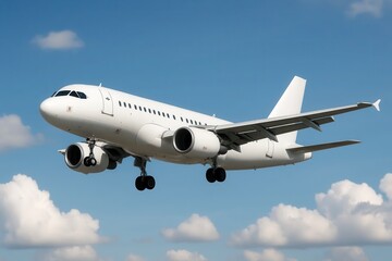 Obraz premium Ascending into the azure expanse, a pristine white commercial airliner soars above the clouds, symbolizing the marvel of modern aviation