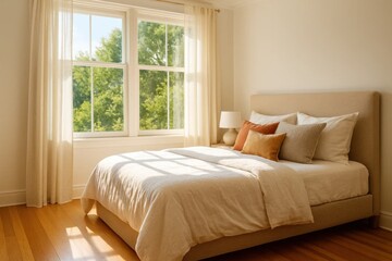 Embrace tranquility in this serene bedroom, where sunlight dances through the window, casting a warm glow on the inviting bed and its plush pillows