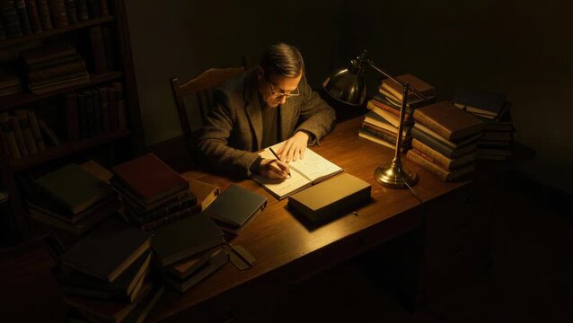 A studious man reads and writes surrounded by many books.