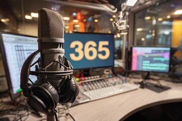 Close-up of a professional broadcast studio setup featuring a large-diaphragm condenser microphone, headphones, mixing console, and computer monitors displaying audio waveforms and a "365" graphic