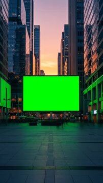 Modern city square at twilight with green screen billboard and blurred pedestrians in time lapse effect
