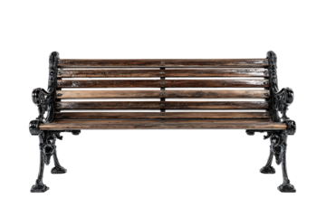 Empty wooden park bench isolated on black background.
