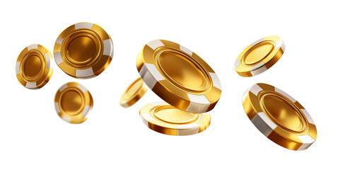 Golden casino chips falling, transparent background, cut out