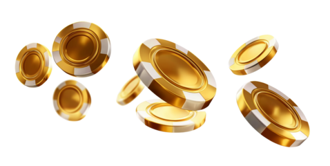 Golden casino chips falling, transparent background, cut out