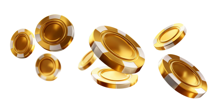 Golden casino chips falling, transparent background, cut out
