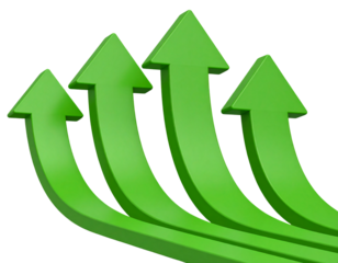 3d green arrows curving upward isolated on transparent background