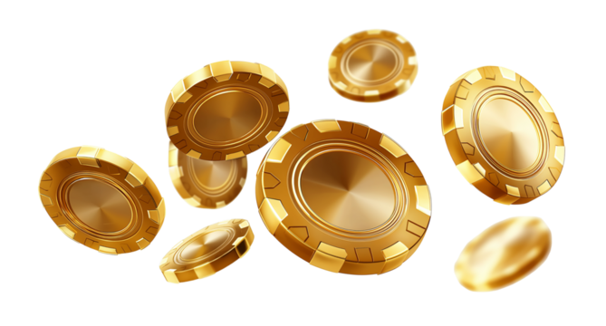 Golden casino chips falling, transparent background, cut out