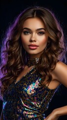 A captivating portrait of an elegant woman radiating confidence, her beauty enhanced by glamorous makeup and voluminous curls, dressed in sparkling sequins for an exclusive night party