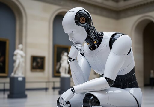 Humanoid Robot Posing Like The Thinker of Rodin in Museum