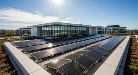 Solar panels on a rooftop of a modern building with a blue sky and sun in the background on a sunny day