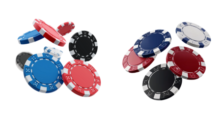 Set of casino chips falling in the air, transparent background, cut out