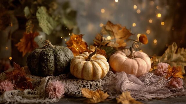 Three decorative pumpkins surrounded by autumn leaves and lights  