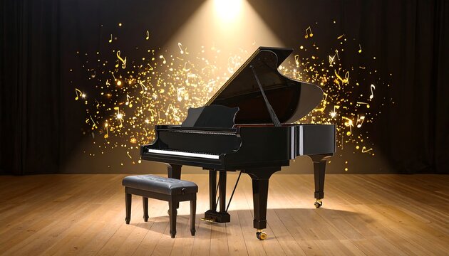 Grand Piano on Stage with Musical Notes and Dramatic Lighting