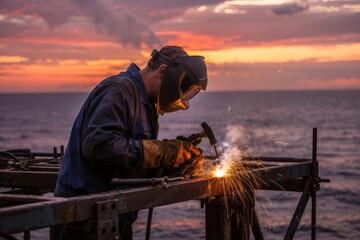 Fototapeta premium Welder working on a metal structure at sunset over the ocean platform