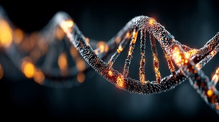 Highly detailed illuminated DNA strands in double helix formation with glowing orange lights,