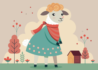 Elegant Sheep in Stylish Wrap Dress Fashion Animal Character Vector for Boutique or Editorial Use 