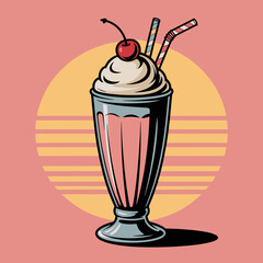 Retro Milkshake with Cherry and Whipped Cream &ndash; Vector Art