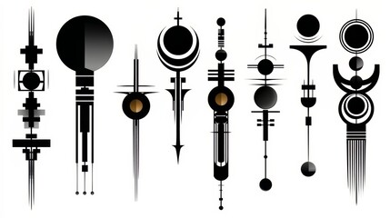 Collection of abstract symbols and shapes in black and gold. The shapes are arranged in a row, with some overlapping