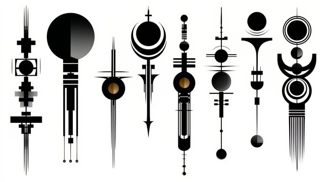 Collection of abstract symbols and shapes in black and gold. The shapes are arranged in a row, with some overlapping