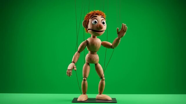 Wooden puppet with articulated limbs waving on a green background, showcasing craftsmanship in puppetry