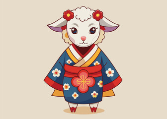 Graceful Sheep in Traditional Japanese Kimono Cultural Vector Illustration with Floral Patterns and Elegant Details 