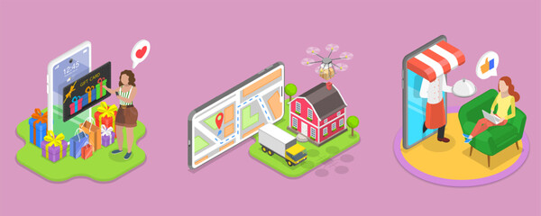 3D Isometric Flat Vector Illustration of Digital Gift Voucher, Online Shopping and Global Delivery