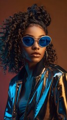 Fashionable young woman with stunning curly hair and cool blue sunglasses, posing with an assertive gaze in a shimmering metallic jacket against a warm-toned backdrop
