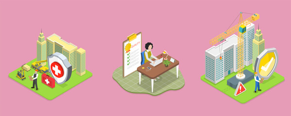 3D Isometric Flat Vector Illustration of Safety and Health at Work, Productive Working Environment